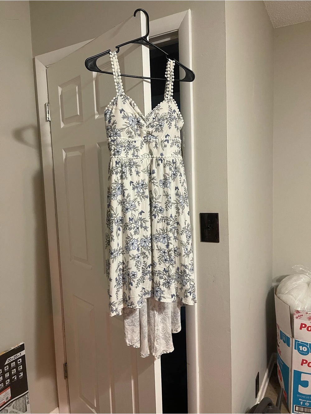 No Boundaries White Floral High-Low Dress with Blue Print